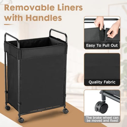100L Laundry Hamper with Wheels, Rolling Laundry Sorter Cart with Metal Frame and Removable Liner, Dirty Clothes Hampers for Bedroom, Laundry Room, Bathroom - size: M