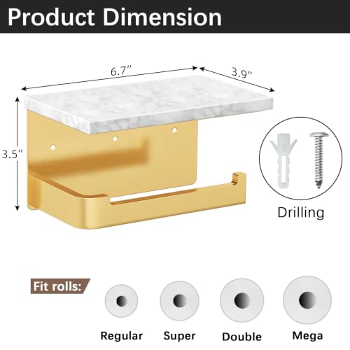 Gypie Toilet Paper Holder with Marble Shelf, Gold Wall Mounted | Toilet Roll Holder for Bathroom Washroom, Extended Base - color: Gold, size: Marble