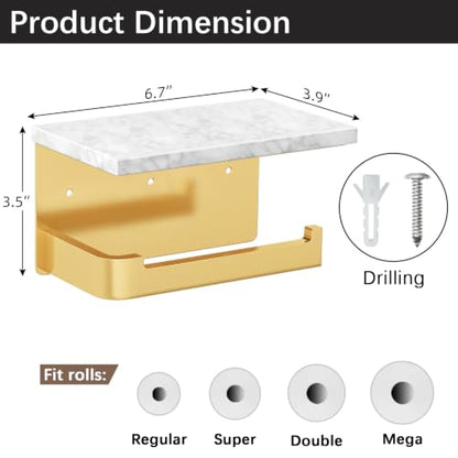 Gypie Toilet Paper Holder with Marble Shelf, Gold Wall Mounted | Toilet Roll Holder for Bathroom Washroom, Extended Base - color: Gold, size: Marble