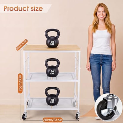 Rolling Kitchen Microwave Cart, 3-Tier Cart with Lockable Casters, 6 S Hooks for Towels, Rolling Kitchen Storage Rack, Space Saving Stand for Small Kitchen, Apartment, Coffee Bar - color: White