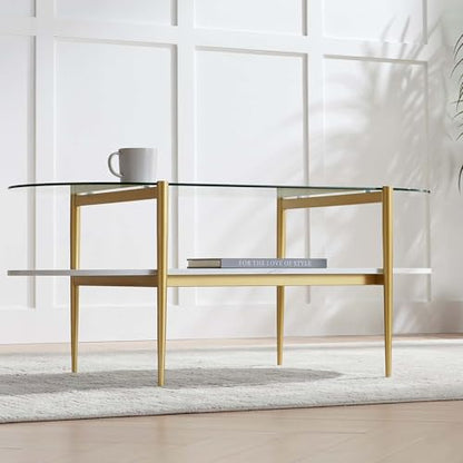 LumFurn Oval Coffee Table, Mid-Century Modern Design, L41 x W21 x H17 inch, for Living Room, Clear Glass Top, White Marble Finish Wood Shelf & Gold Finish Frame - color: Clear & White Marble, size: L41" Oval Coffee Table