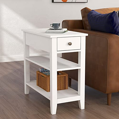 ChooChoo Side Table Living Room, Narrow End Table with Drawer and Shelf, 3-Tier Sofa End Table for Small Space, White - color: White