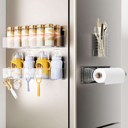Mystozer Magnetic Spice Rack for Refrigerator,4 Pack Magnetic Shelf,Fridge Magnet Organizer with Paper Towel Holder and Utensils Racks,Fridge Organizers and Storage Clear(4 Pack) - color: Clear, size: 4 Pack