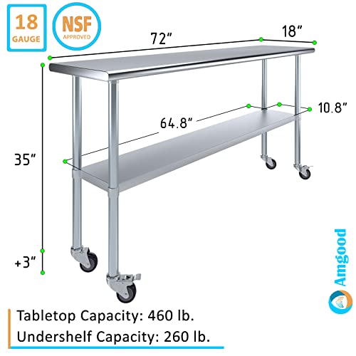AmGood 72" Long x 18" Deep Stainless Steel Table with Casters - size: 72" Long x 18" Deep