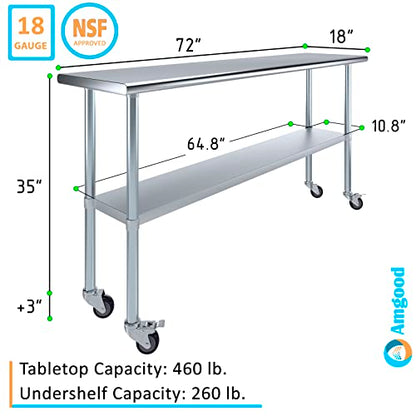 AmGood 72" Long x 18" Deep Stainless Steel Table with Casters - size: 72" Long x 18" Deep