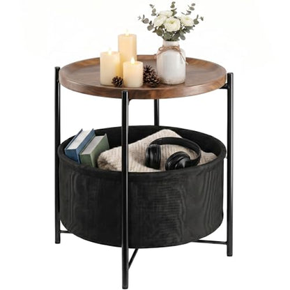 danpinera Side Table with Wood Removable Tray, Nightstand with Basket | Small Round Table for Small Space, Living Room, Bedroom, Nursery, Modern Accent Stand with Serving Tray, Walnut - color: Walnut