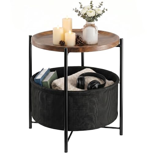 danpinera Side Table with Wood Removable Tray, Nightstand with Basket | Small Round Table for Small Space, Living Room, Bedroom, Nursery, Modern Accent Stand with Serving Tray, Walnut - color: Walnut