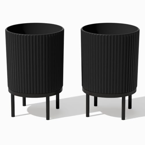 Veradek Demi Series Raised Planter - Round Planter with Stand | Made From a Durable Plastic-Stone Composite & Comes With Wooden Stand. Modern Porch/Patio Décor - color: Black/Black, size: 16 inch - 2 Pack