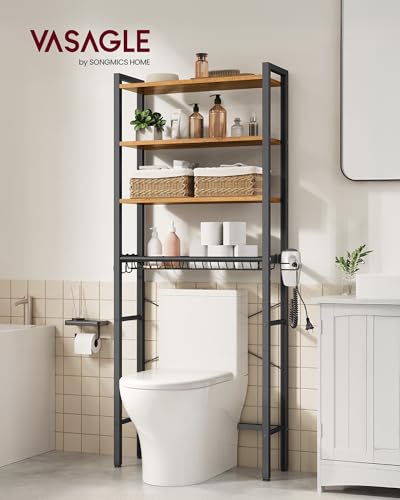 VASAGLE BARNET Collection - Over the Toilet Storage, Over Toilet Bathroom Organizer with Adjustable Shelves and Basket, 3 Hooks, Space Saving, 9.4 x 23.6 x 68.1 Inches, Rustic Brown UBTS114KD01S - color: Rustic Brown, style: 4 Tiers (68.1" H)