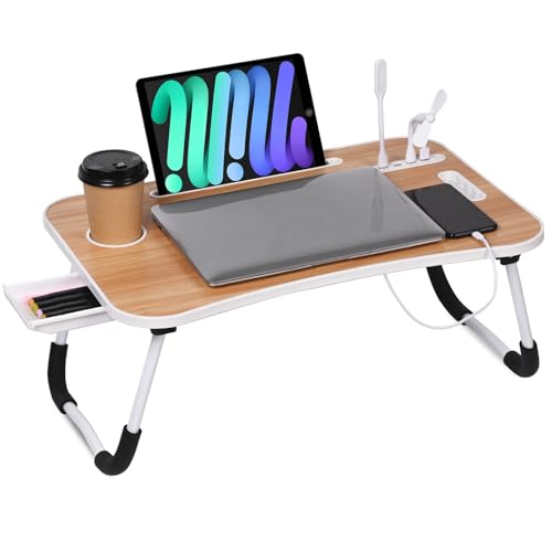 23.6 inch Portable Bed Desk, Folding Lap Desk with 4 USB Ports, Wind Fan, LED Light, Cup Holder and Side Drawer for Working, Reading, Writing, Eating on Bed, Sofa, Floor (Wood) - color: Wood