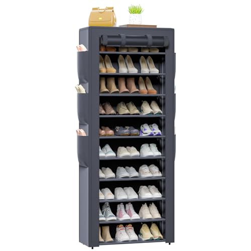 OYREL Shoe Rack Sturdy 10 Tier Tall + Dustproof Cover Large Storage | Space Saving Fabric Cover Shoe Organizer Shelf for Closet, Bedroom, Garage, Entryway, Narrow Free Standing Cabinet Holder - color: Grey, size: 23.6"Wx68.9"H