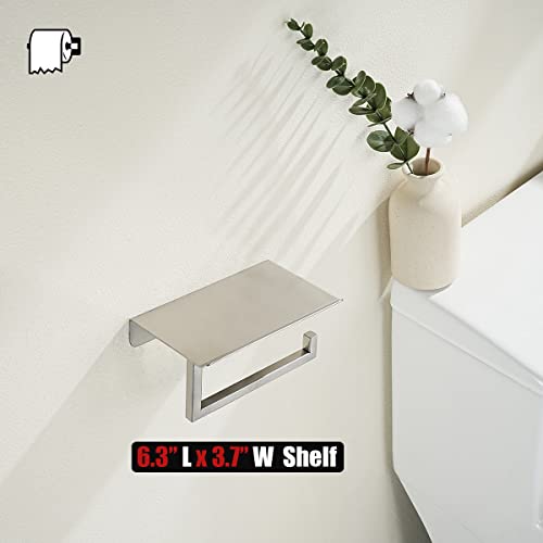 JQK Toilet Paper Holder Shelf, Bathroom Tissue Roll Holder with Phone Shelf, 5 Inch 304 Stainless Steel Tissue Paper Dispenser, Brushed Finished Wall Mount, TPH202-BN-T - color: Brushed
