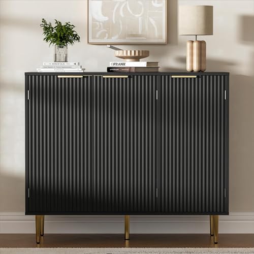 Housoul Fluted Sideboard Buffet Cabinet with 3 Doors, Black | Kitchen Storage Cabinet with Adjustable Shelves & Golden Handles, Modern Accent Cabinet, Coffee Bar for Kitchen, Living Room - color: Black