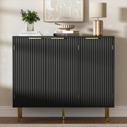 Housoul Fluted Sideboard Buffet Cabinet with 3 Doors, Black | Kitchen Storage Cabinet with Adjustable Shelves & Golden Handles, Modern Accent Cabinet, Coffee Bar for Kitchen, Living Room - color: Black