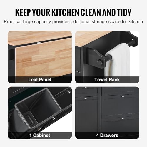 VEVOR Kitchen Island Cart, 50" Wood Top Breakfast Bar with Trash Cabinet Tilt Out 10 Gallon Storage, Farmhouse Dining Living Room Table with Drop Leaf, Towel Bar, Drawer, Black - size: 50"W (dropleaf)