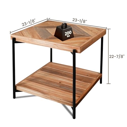 CONSDAN StoneCreek End Table 23 inch, Solid Fir Wood Side Table with Metal Frame, 2-Tier Storage Shelf, Square Nightstand for Living Room, Bedroom & Office, Rustic Style - color: End Table