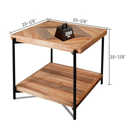 CONSDAN StoneCreek End Table 23 inch, Solid Fir Wood Side Table with Metal Frame, 2-Tier Storage Shelf, Square Nightstand for Living Room, Bedroom & Office, Rustic Style - color: End Table