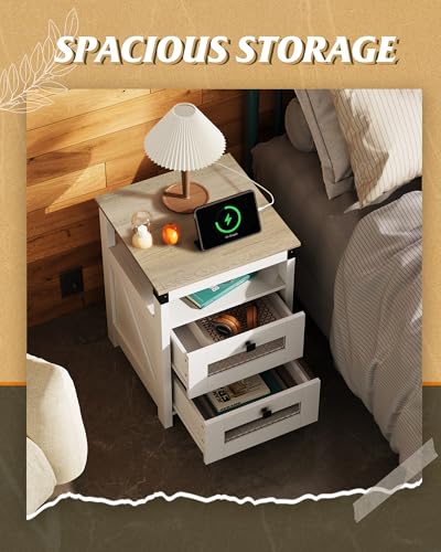 WLIVE Nightstand with Charging Station, Farmhouse End Table, Bed Side Table with 2 Storage Drawers and Open Shelf, Wood Rustic Nightstands for Bedroom, White and Greige - color: Greige and White, style: Farmhouse