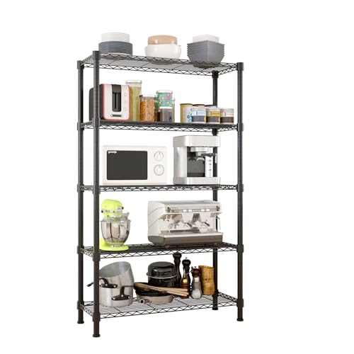 5-Tier Shelf, Adjustable Wire Metal Rack Shelving, Heavy Duty Standing Storage Shelves, Garage, Kitchen, Office, Bathroom, Shelfs Easy Assembly, 35" W x 14" D x 71" H, Black - color: Black, size: 5-tier 35.43"W x 13.78"D x 70.87"H