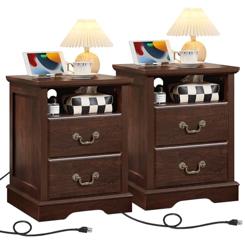 Farmhouse Nightstands Set of 2 with Charger Station, 2 Drawers Night Stand with Storage Shelf, Rustic Brown 18" Wide Wood Bedside Table, Bed Side End Tables for Bedroom, Living Room,Walnut - color: Walnut, size: 2PCS