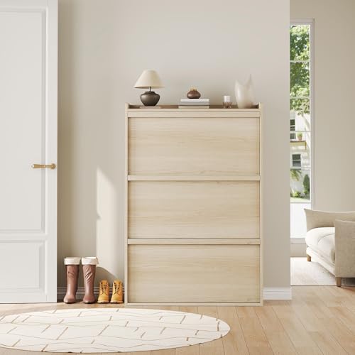 Garvee Shoe Cabinet with 3 Flip Drawers, Hidden Wood Shoe Cabinet,Freestanding Shoe Storage Cabinet with Adjustable Shelf for Entryway Hallwa, Living Room, Living Room, Natural Oak - color: Natural Oak
