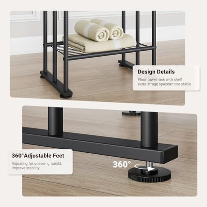 ELYKEN 3 Tier Standing Towel Rack, 40'' Tall Towel Drying Rack Outdoor, Freestanding Floor Towel Rack with Shelf, Pool Towel Blanket Stand, Metal Towel Racks for Bathroom freestanding, Matte Black - color: Black