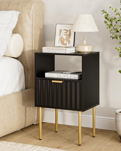 Nightstand,Modern Bedside Table with Gold Frame,White Night Stand,Bedside Furniture, Modern Side Table with Drawer and Shelf for Bedroom (Black) - color: Black