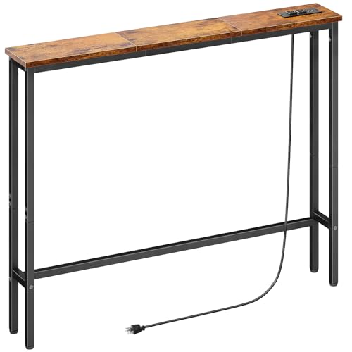 ELYKEN 39.4'' Narrow Console Table with Outlet, Sofa Table Behind Couch | Skinny Entryway Tables with Charging Station for Living Room, Hallway, 5.9 x 39.4 x 29.5in, Rustic Brown - color: Rustic Brown, size: 5.9"DX39.4"WX29.5"H