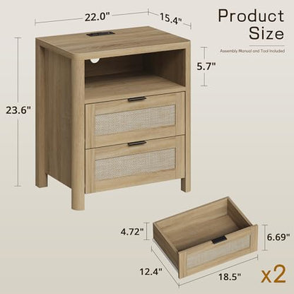 Boho Nightstand with Charging Station, Large Bedside Table with Two Drawers & Open Storage Shelf, Mid-Century Modern End Table Rattan-Look Drawer, Accent Side Table with Rounded Corners for Bedroom - size: 23.6"D x 22"W x 15.74"H(2-Drawers)
