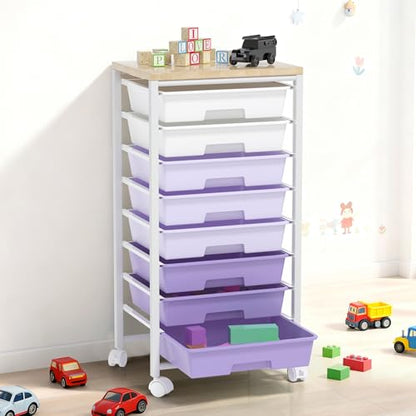 Rolling Cart with 8 Drawers, Storage Drawers Cart with Wooden Tabletop and Lockable Wheels, Craft Storage for Living Room, Office, Classroom, Craft Room, Bedroom (Purple) - color: Purple