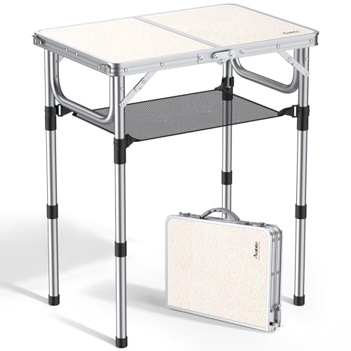 Anbte Folding Camping Table, Aluminum 24" x 16" Adjustable Height Small Folding Table with Carrying Handle, Lightweight, Portable Camping Table Waterproof for Outdoor Indoor Picnic Beach BBQ, Silver - color: Silver