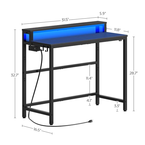 YATINEY Small Computer Desk with Charging Station and LED Lights, Gaming Desk with Monitor Stand, 2-Tier Home Office Desk with 4 Side Hooks, for Living Room, Home Office, Black DN01UDBBY2 - color: Black
