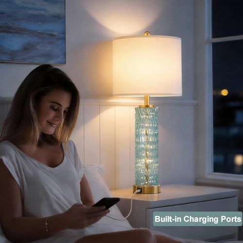 Oneach 27.75" Coastal Table Lamps Set of 2, Clear Blue Bedside Lamp with Glass Nightlight, USB A+C, Unique Desk Lamps for Living Room, Bedroom, Nightstand, End Table (2 Bulbs Included) - color: Clear Blue - White Shade