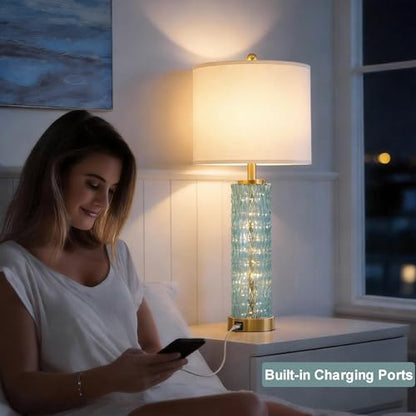 Oneach 27.75" Coastal Table Lamps Set of 2, Clear Blue Bedside Lamp with Glass Nightlight, USB A+C, Unique Desk Lamps for Living Room, Bedroom, Nightstand, End Table (2 Bulbs Included) - color: Clear Blue - White Shade