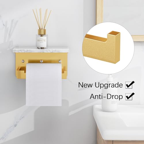 Gypie Toilet Paper Holder with Marble Shelf, Gold Wall Mounted | Toilet Roll Holder for Bathroom Washroom, Extended Base - color: Gold, size: Marble