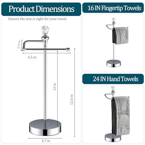 ROLABAM Bath Hand Towel Holder Standing, Stainless Steel Stable Free-Standing Towel Bar for Bathroom Kitchen Countertop, Rustic Towel Ring Stand with Crystal Ball 15.7” H (Polished Chrome, 2 Pack) - color: Polished Chrome-2pcs