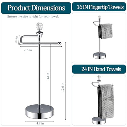 ROLABAM Bath Hand Towel Holder Standing, Stainless Steel Stable Free-Standing Towel Bar for Bathroom Kitchen Countertop, Rustic Towel Ring Stand with Crystal Ball 15.7” H (Polished Chrome, 2 Pack) - color: Polished Chrome-2pcs