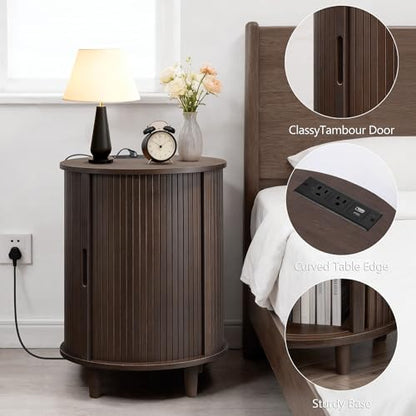 DHH Round End Table with Storage & Charging Station, Fluted Accent Side Table with Sliding Door & Adjustable Shelf, Mid-Century Nightstand for Small Spaces, Living Room, Bedroom (1,Dark Walnut) - color: Dark Walnut