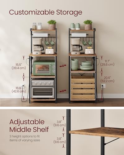 VASAGLE BARNET Collection - Kitchen Bakers Rack with Power Outlet, 17.7-Inch Wide Coffee Bar 4-Tier with 8 S Hooks, Modern Microwave Stand, Adjustable Shelf, Rustic Brown and Ink Black UKKS013KD01 - color: Rustic Brown + Ink Black, size: 17.7"W
