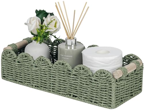 CubesLand Scalloped Toilet Paper Storage Basket W/Handle for Home Decor | Paper Rope Toilet Organizer Basket for Countertop, Over Toilet Shelf, End Table, Living Room Cozy Decorative & More, Green - color: Green, size: m - 14 X 6.3 X 3.9in