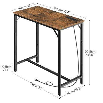 HOOBRO Bar Table with Charging Station, Rectangular Pub Table, High Top Coffee Table, Counter Bar Height Table, Narrow Long Dining Table, 35.4" L x 15.7" W x 35.6" H, Rustic Brown and Black BF90UBT01 - color: Rustic Brown + Black