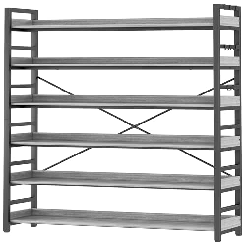HCHQHS Bookshelf, Adjustable Industrial Bookcase, Vertical Tall Book Shelf, Wood and Black Metal Open Bookshelves for Home Office, Living Room, Bedroom (Grey, 6-Tier (47" W x 70" H)) - color: Grey, size: 6-Tier (47"W x 70"H)