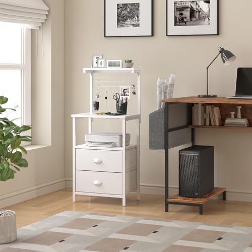 sthmec Tall Nightstands with Charging Station, LED Night Stand Bedsides with 2 PU Finish Fabric Drawers,Hooks,USB Port and Oepn Storage Shelves,Tall End Table Bedside for Bedroom,Office, White - color: White, style: 2 Drawers