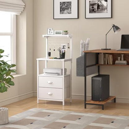 sthmec Tall Nightstands with Charging Station, LED Night Stand Bedsides with 2 PU Finish Fabric Drawers,Hooks,USB Port and Oepn Storage Shelves,Tall End Table Bedside for Bedroom,Office, White - color: White, style: 2 Drawers
