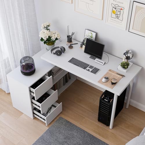 Mekminop L Shape Computer Desk with 3 Drawers and 2 Shelves, Home Office Desk Corner Small Desk with Storage Cabinet for Writing Study Executive – White - color: White