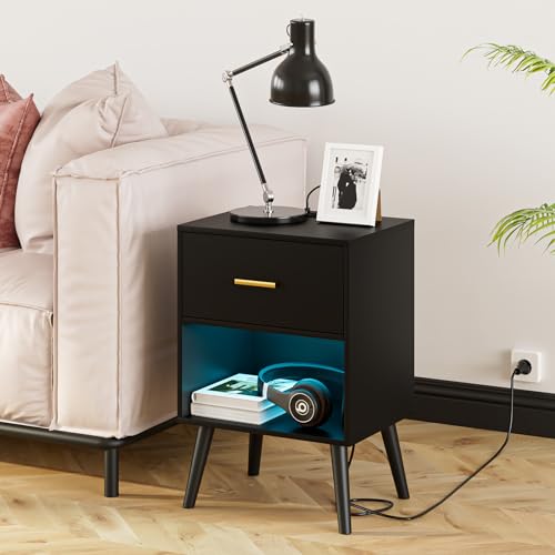 Aienvey Nightstand with Charging Station and LED Lights, Black | Small Side Table, Bedside Table with Drawer, Modern Night Stand with Light/Power Strip, End Table for Bedroom, Living Room - color: Black