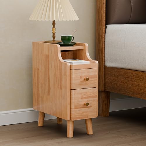 Narrow Nightstand with Drawers, 19.7" H Pre-Assembled Solid Wood Small Skinny Night Stand with Open Sliding Shelf, Mid Century Modern Slim Bedside Table for Bedroom, Natural Oak,8" - color: Oak, size: 8"