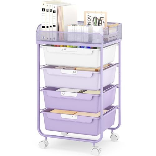 SYKIARIOL 4-Drawer Rolling Storage Cart with Mesh Top, Utility Craft Organizer Cart on Wheels with DIY Labels, Rolling Drawer Cart for Home Office Classroom Bedroom, Purple - color: Purple