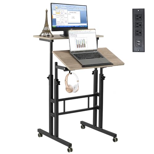 Hadulcet Mobile Standing Desk Adjustable Height with Charging Station | Standing Computer Desk, Standing Adjustable Laptop Cart with Wheels for Home Office Classroom Light Grey - color: Light Grey, size: 23.6" With Charging Station