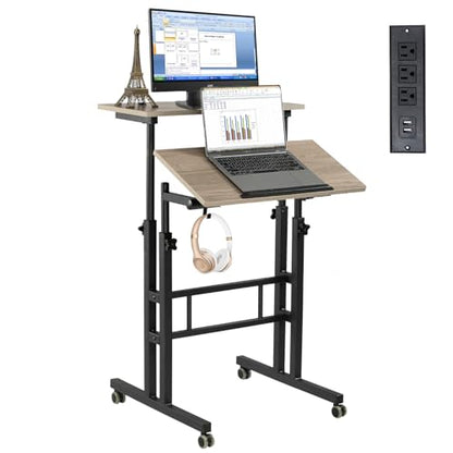 Hadulcet Mobile Standing Desk Adjustable Height with Charging Station | Standing Computer Desk, Standing Adjustable Laptop Cart with Wheels for Home Office Classroom Light Grey - color: Light Grey, size: 23.6" With Charging Station
